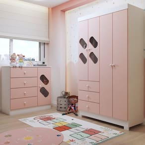 Quarto Infantil Completo Escotilha 5 Portas 7 Gavetas Rosa/Branco - Panorama Móveis