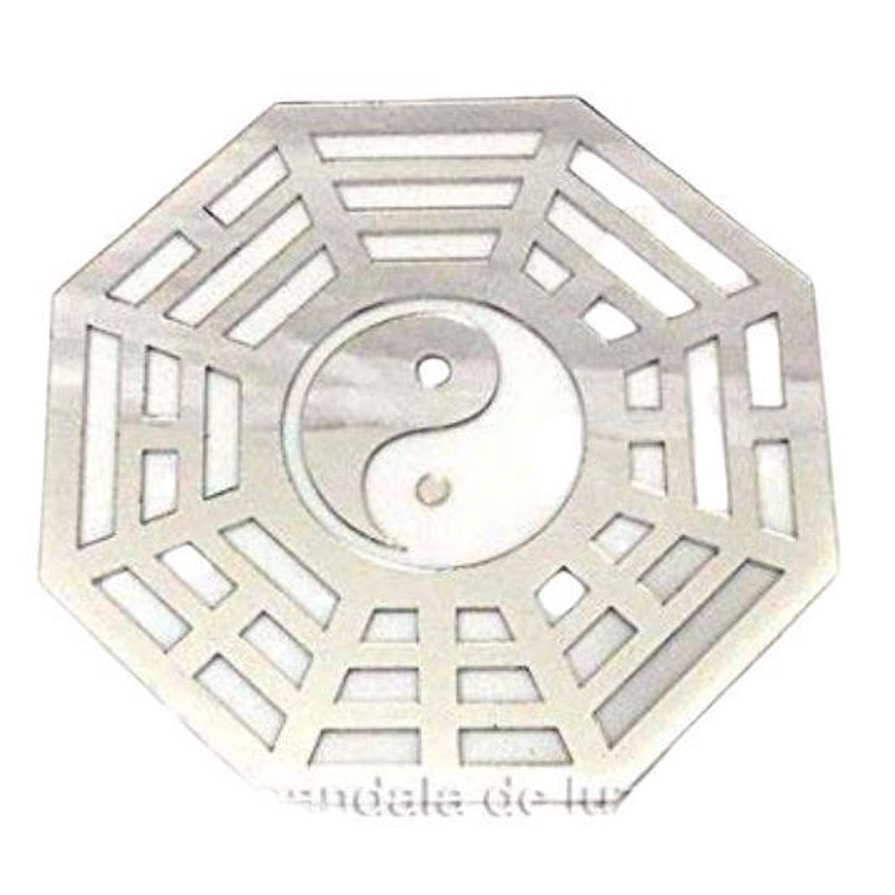 Espelho baguá yin yang acrílico espelhado prata sala 15cm
