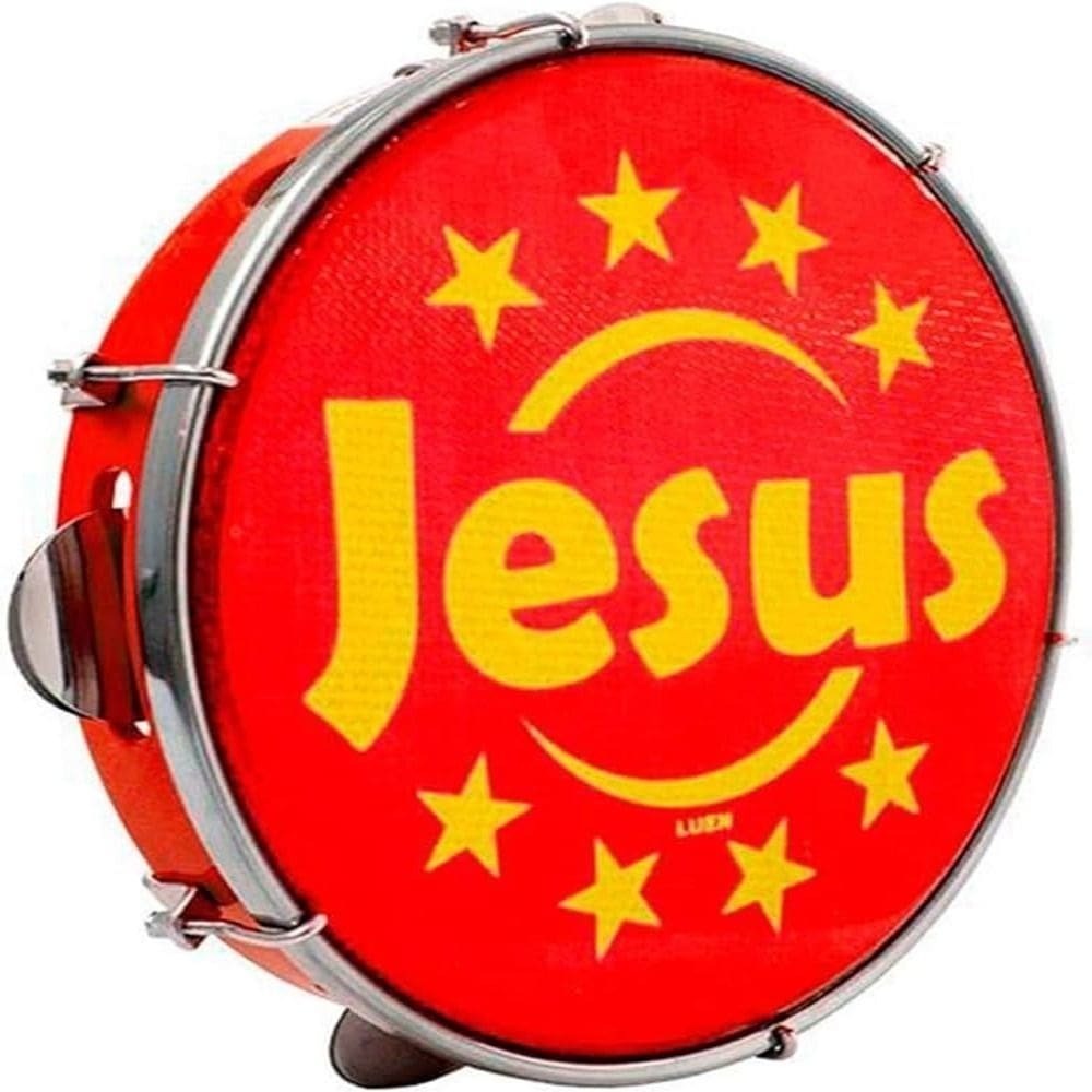 Pandeiro 10 Abs Vermelho Aro Plat Inox Pele Holog Jesus Vermelha  06 Afin Sples