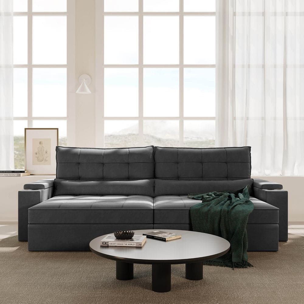Sofá Retrátil Reclinável com Porta Copos e Usb 4 Lugares 300cm Embaúba Extra Cabecasa Madeiramadeira Cinza Diamante
