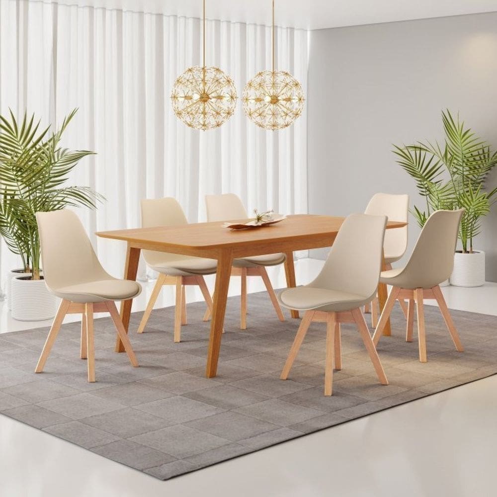 Conjunto Mesa Retangular MDF com 6 Cadeiras Saarinen PP Nude/Cinamomo