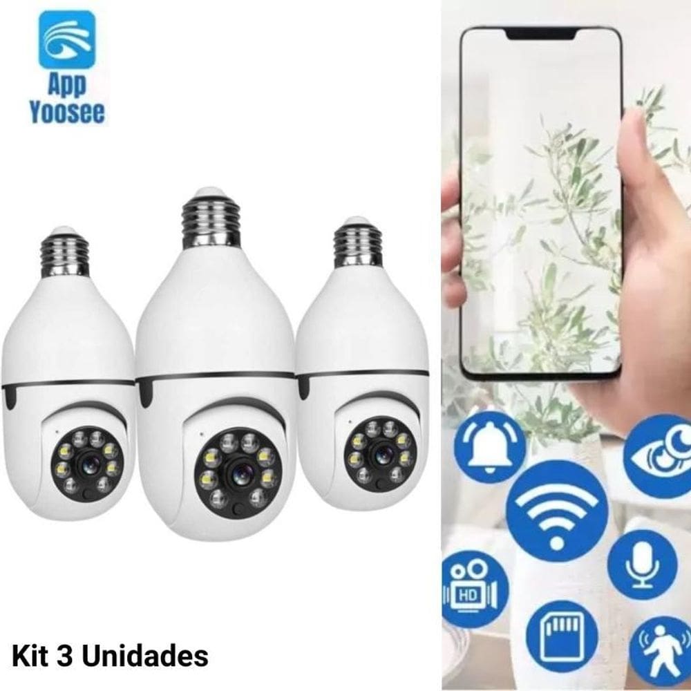 Kit 3 camera lampada segurança wifi sem fio infra microfone