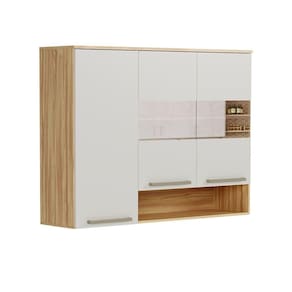 Armário Aéreo De Cozinha 3 Portas E Vidro Reflecta 100% Mdf Napoli Prime Rio Doce Amendoa/Offwhite