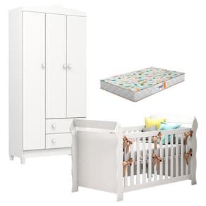 Berço Americano Lara e Guarda Roupa Infantil Mel Flat 3 Portas Branco Brilho com Colchão Gazin - Carolina