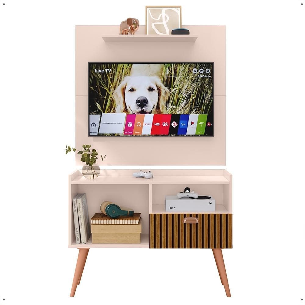 Kit Sala Estar Completa Painel Tv 32 Polegadas Prateleira Suspensa Rack Retrô 1 Porta Puxador Concha Off White/Ripado - Lojas RPM