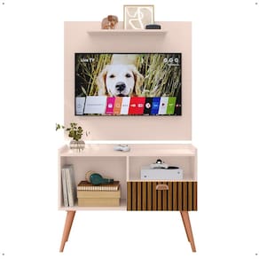 Kit Sala Estar Completa Painel Tv 32 Polegadas Prateleira Suspensa Rack Retrô 1 Porta Puxador Concha Off White/Ripado - Lojas RPM
