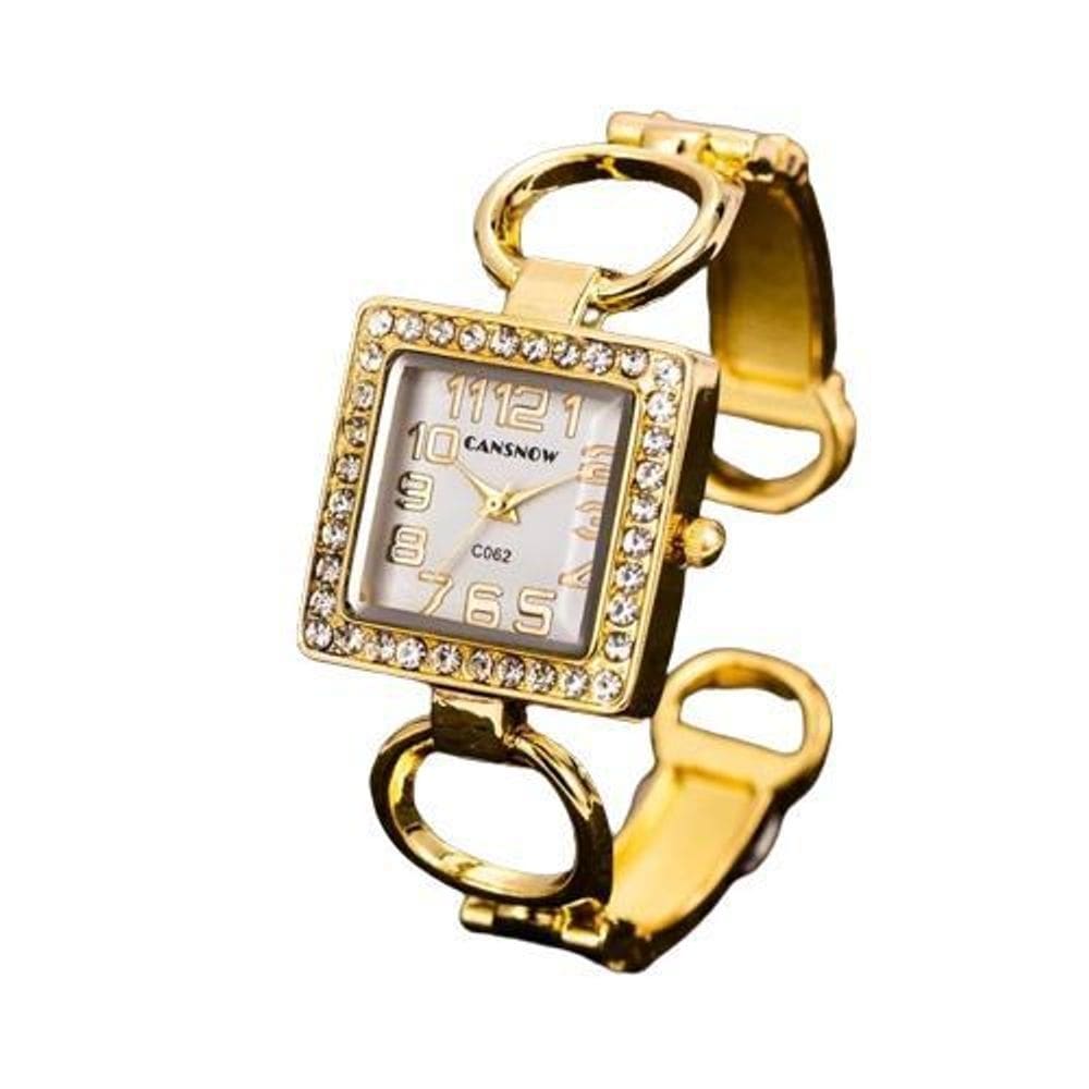 Relógio feminino bracelete quadrado luxo dourado brilhante