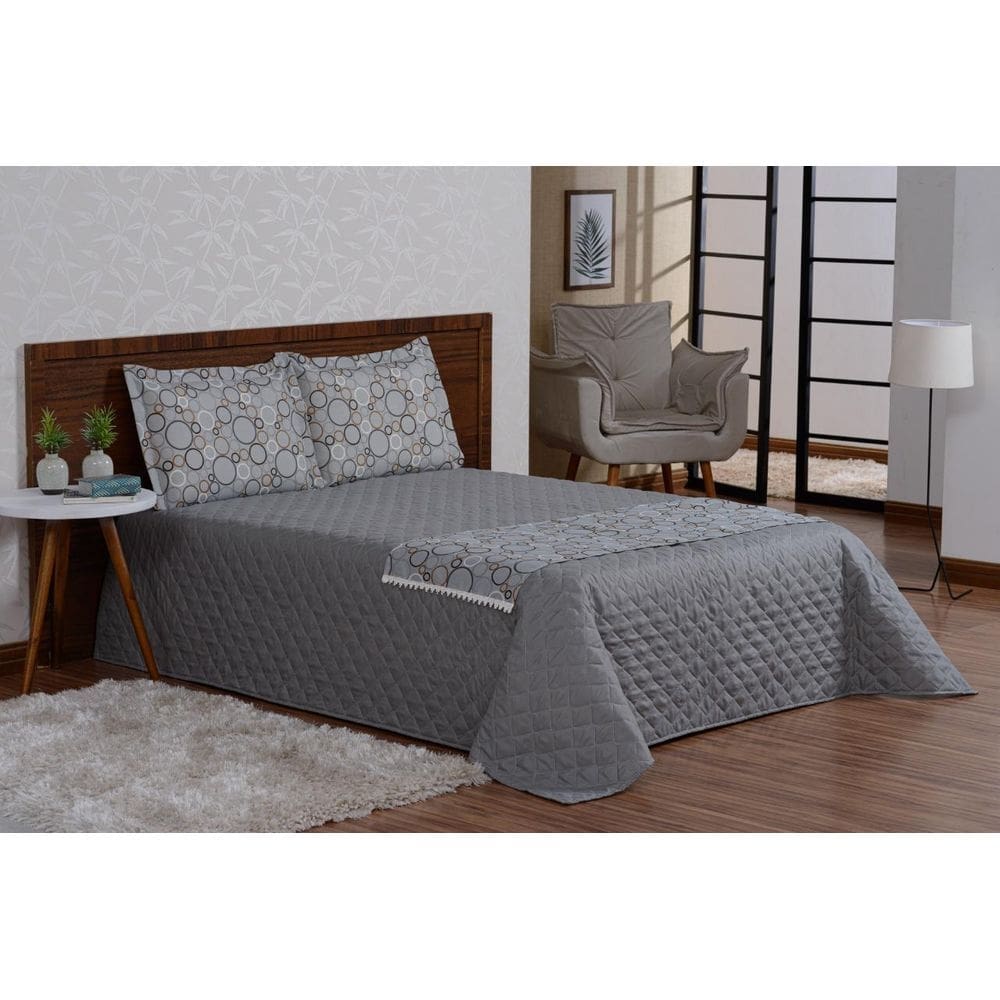 Colcha cama casal padrão com xale estampado cinza 5 peças