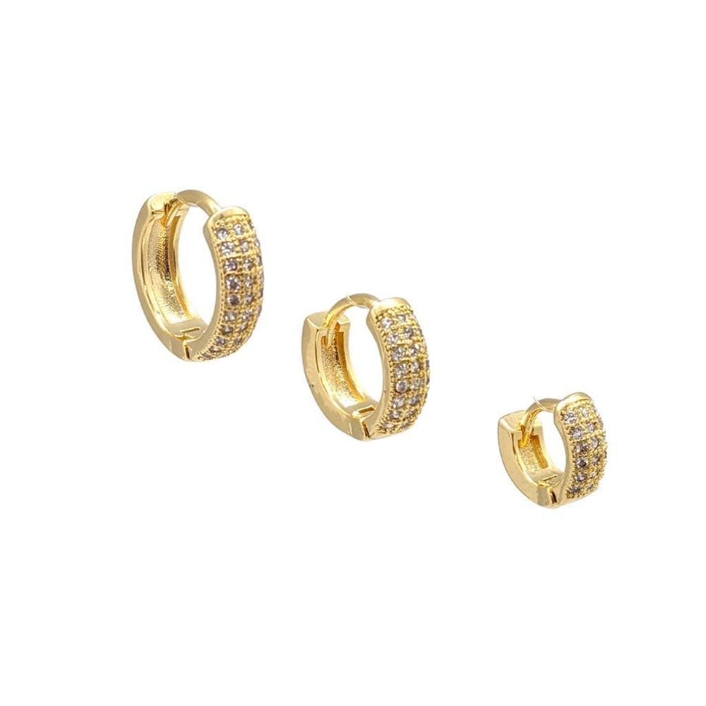 Brinco folheado ouro trio argolas 3 zirconias - semijoias em caixa de luxo