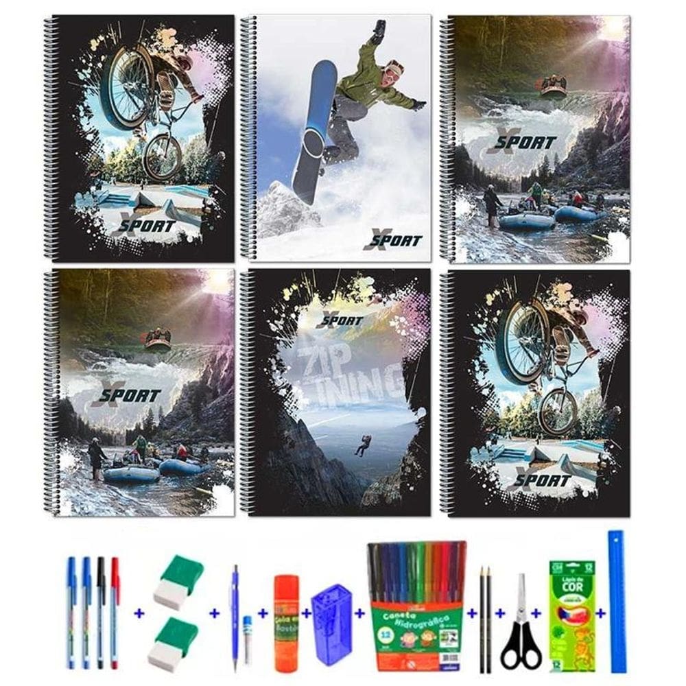 Kit 5 cadernos capa dura espiral sports 96 folhas 38 itens