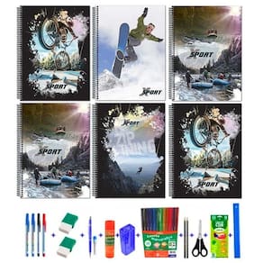Kit 5 cadernos capa dura espiral sports 96 folhas 38 itens