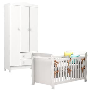 Berço Americano Lara com Guarda Roupa Infantil Mel Flat 3 Portas Branco Brilho - Carolina