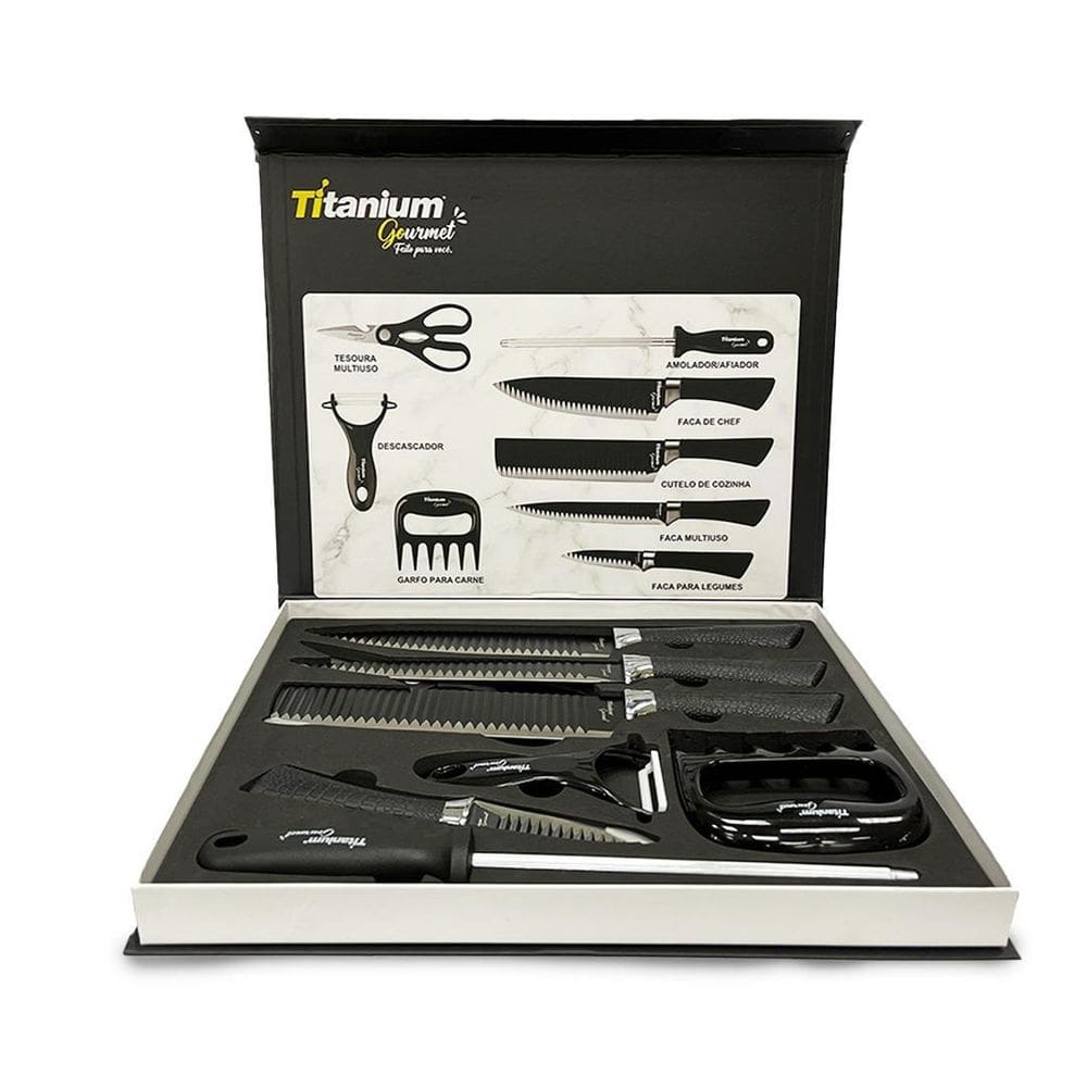 Jogo de facas premium inox preta titanium gourmet 8 peças