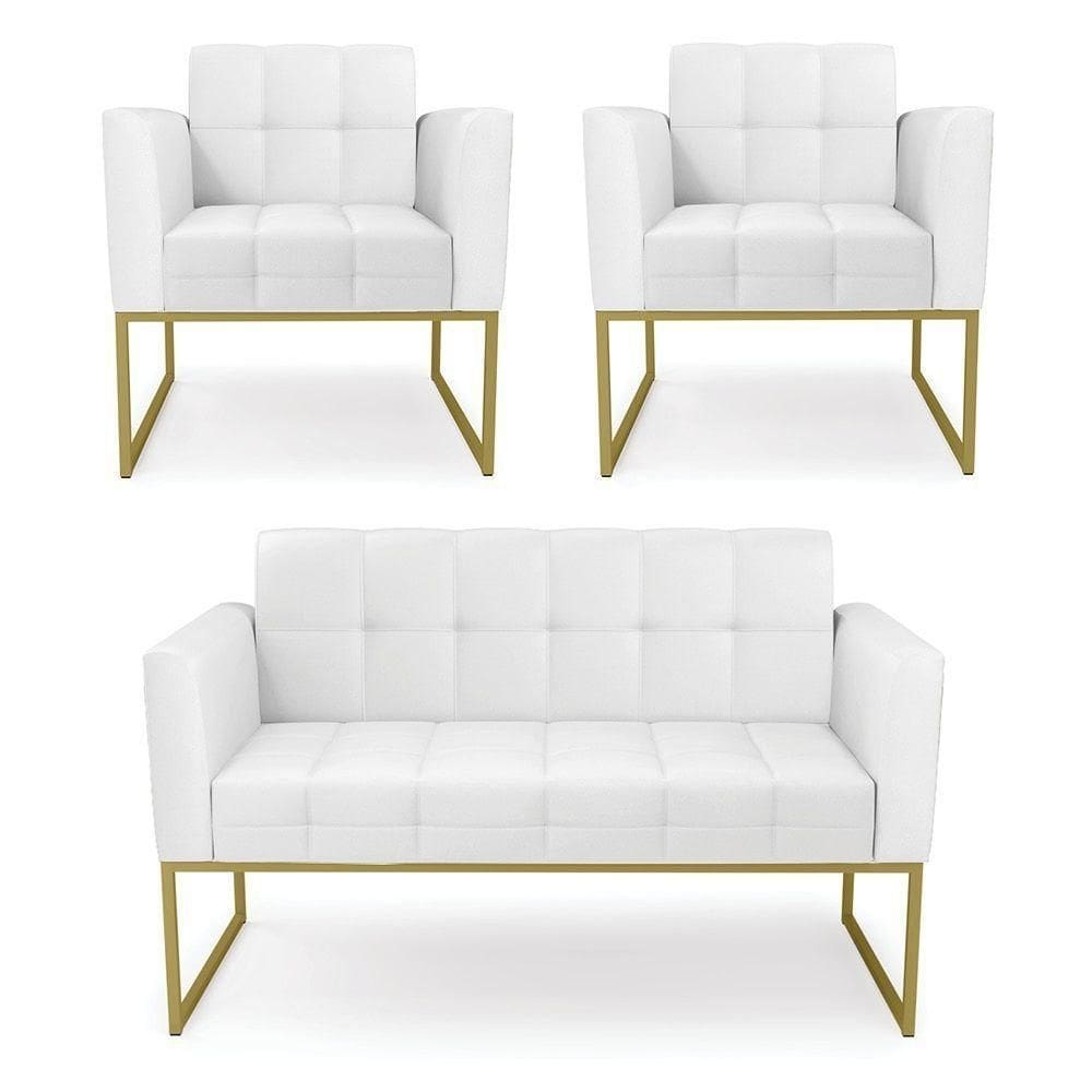 Kit 1 Sofá Namoradeira E 2 Poltronas Elisa Corino Base Metálica Industrial Dourado - D`rossi Cor Branco