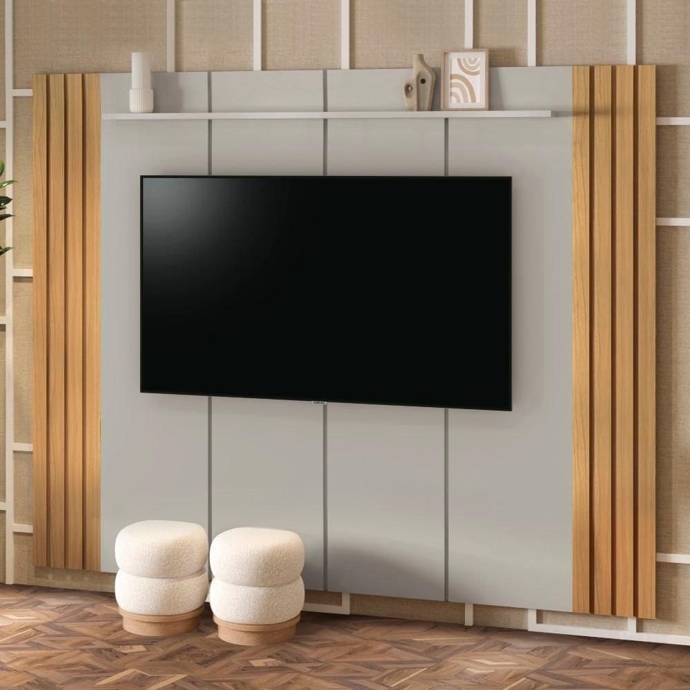 Painel Para Tv Até 75\" Ripado Cairo 240cm Cor:fendi E Freijó Fendi E Freijó