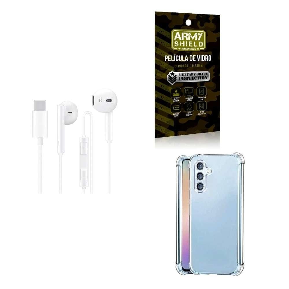 Capinha samsung a34 + fone de ouvido tipo c + película 3d