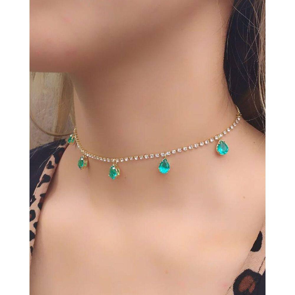 Choker De Strass Com Pedras Gota Fusion Verde Folheado A Ouro 18K Premium