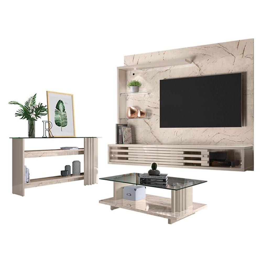 Estante Home Theater Suspenso com Aparador e Mesa de Centro Frizz Select Calacata Off White – Madetec