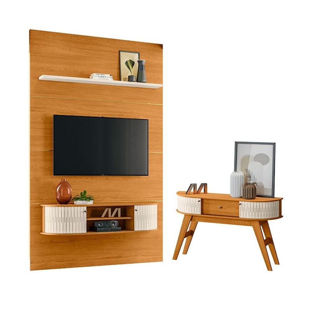 Estante Home Theater com Bancada Suspensa Monte Carlo com Aparador Estoril Cinamomo Off White – Madetec