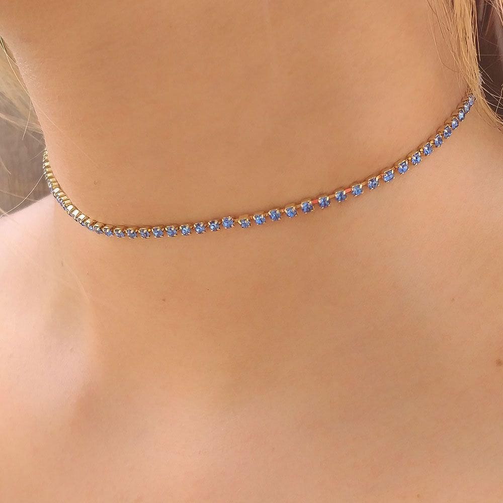 Choker De Strass Azul Medio Folheado A Ouro18K