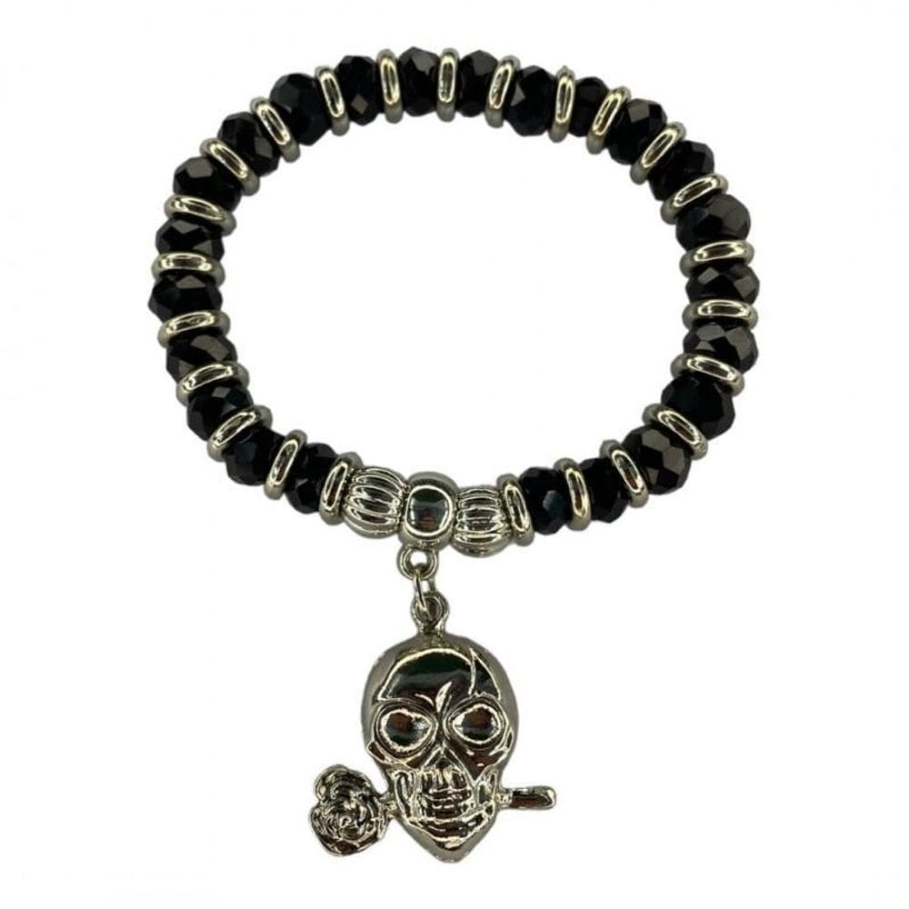 Pulseira pomba gira rosa caveira preta cristal e silicone