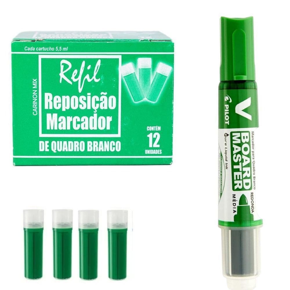Pincel marcador de quadro branco pilot verde + 12 recargas