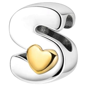Berloque letra s coração pulseira prata 925 alfabeto dourado