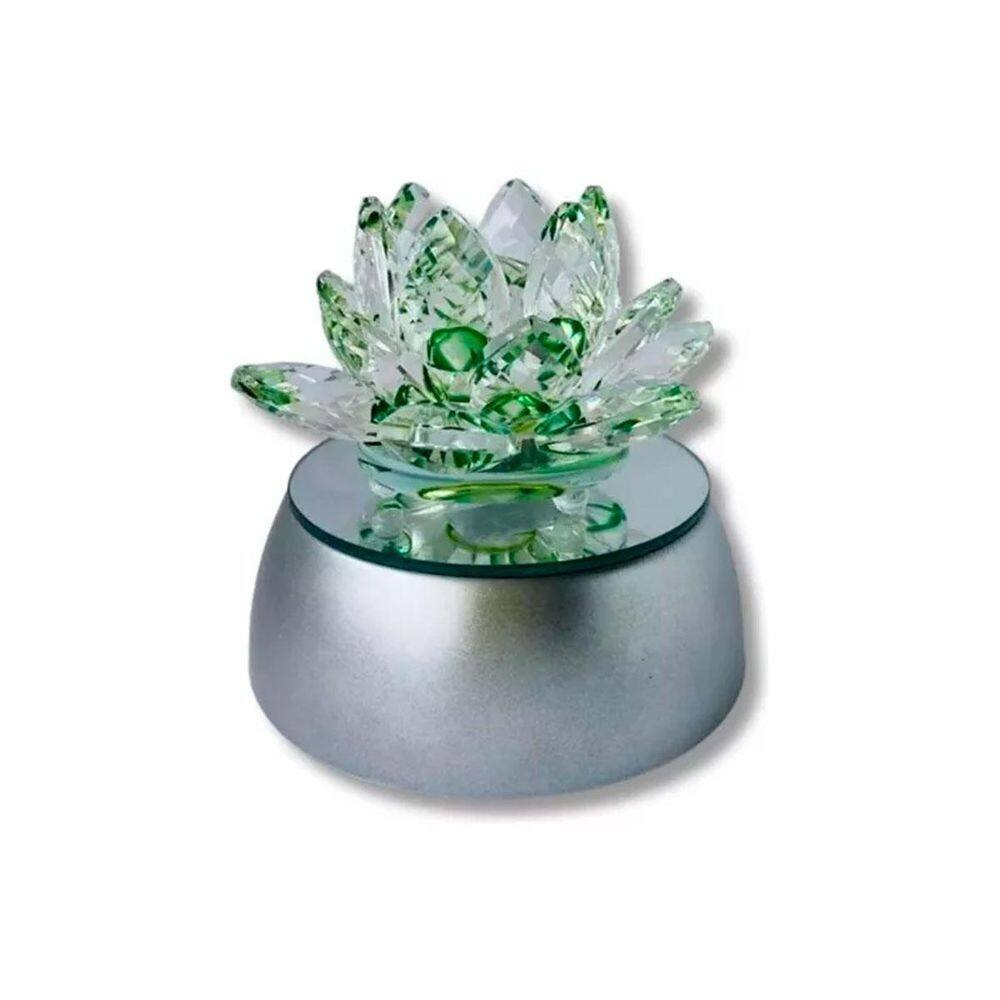 Enfeite Escultura Vidro Flor Lotus 13Cm Base Espelhada Led