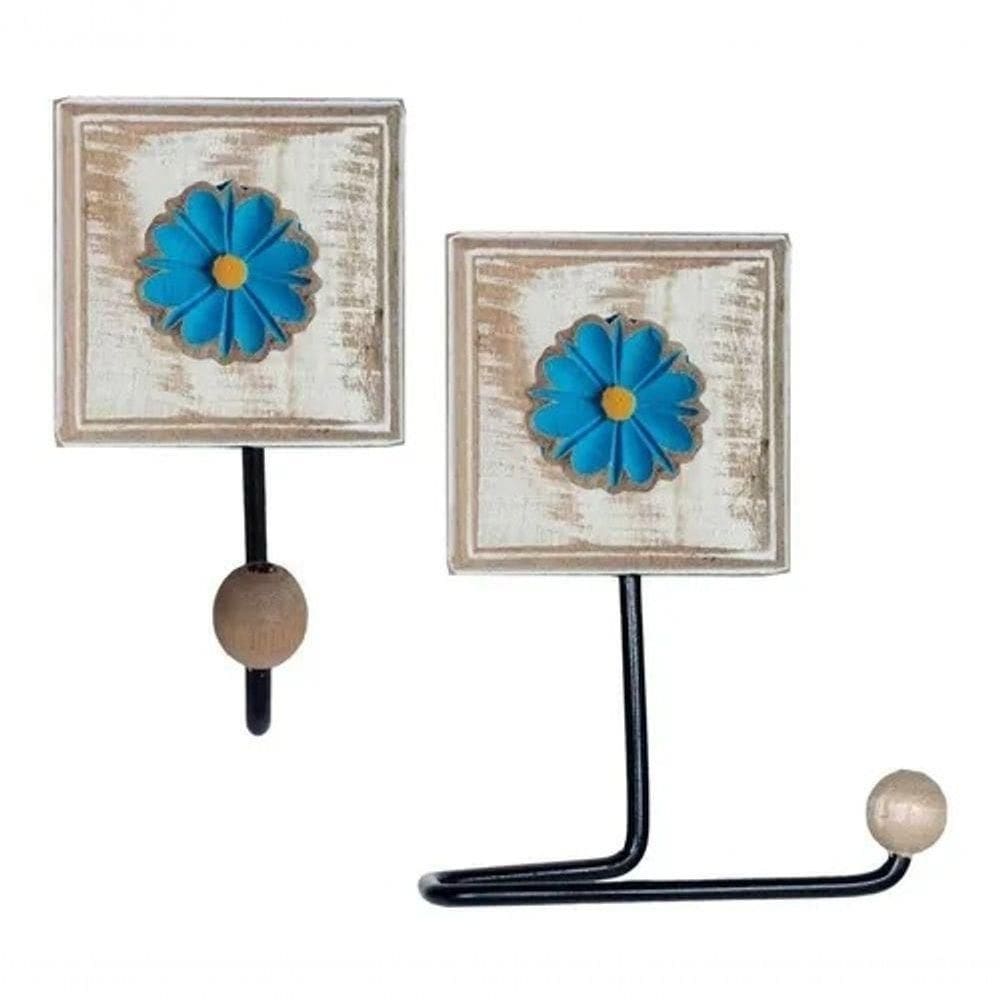 Kit Banheiro Porta Papel Higiênico + Toalheiro Flor Cor Azul