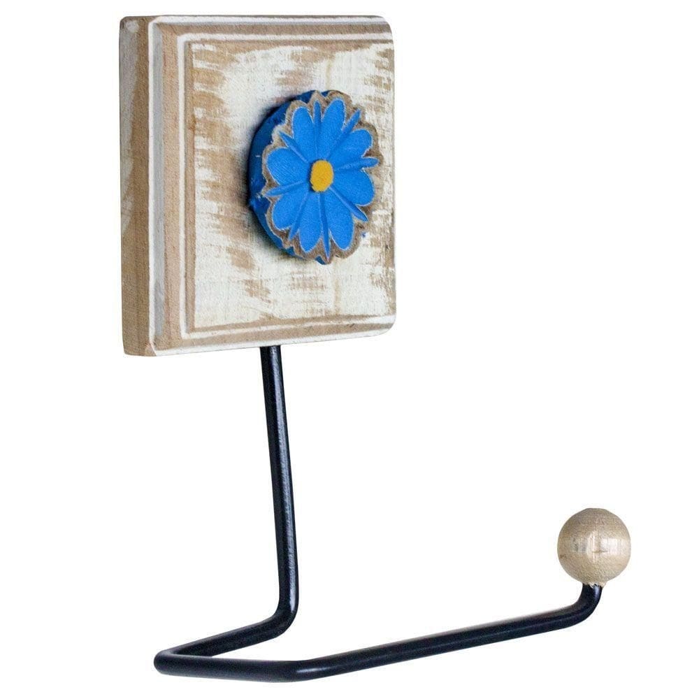 Porta Papel Higiênico De Madeira E Ferro Rustico Flor Azul