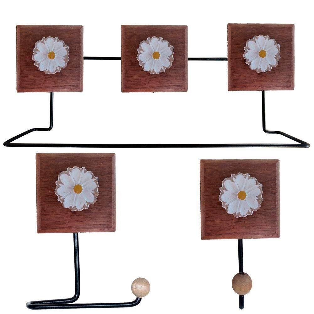 Kit Banheiro 3 Peças Toalheiro Cabideiro Porta Papel Papel Com Flores Coloridas Cor Branco