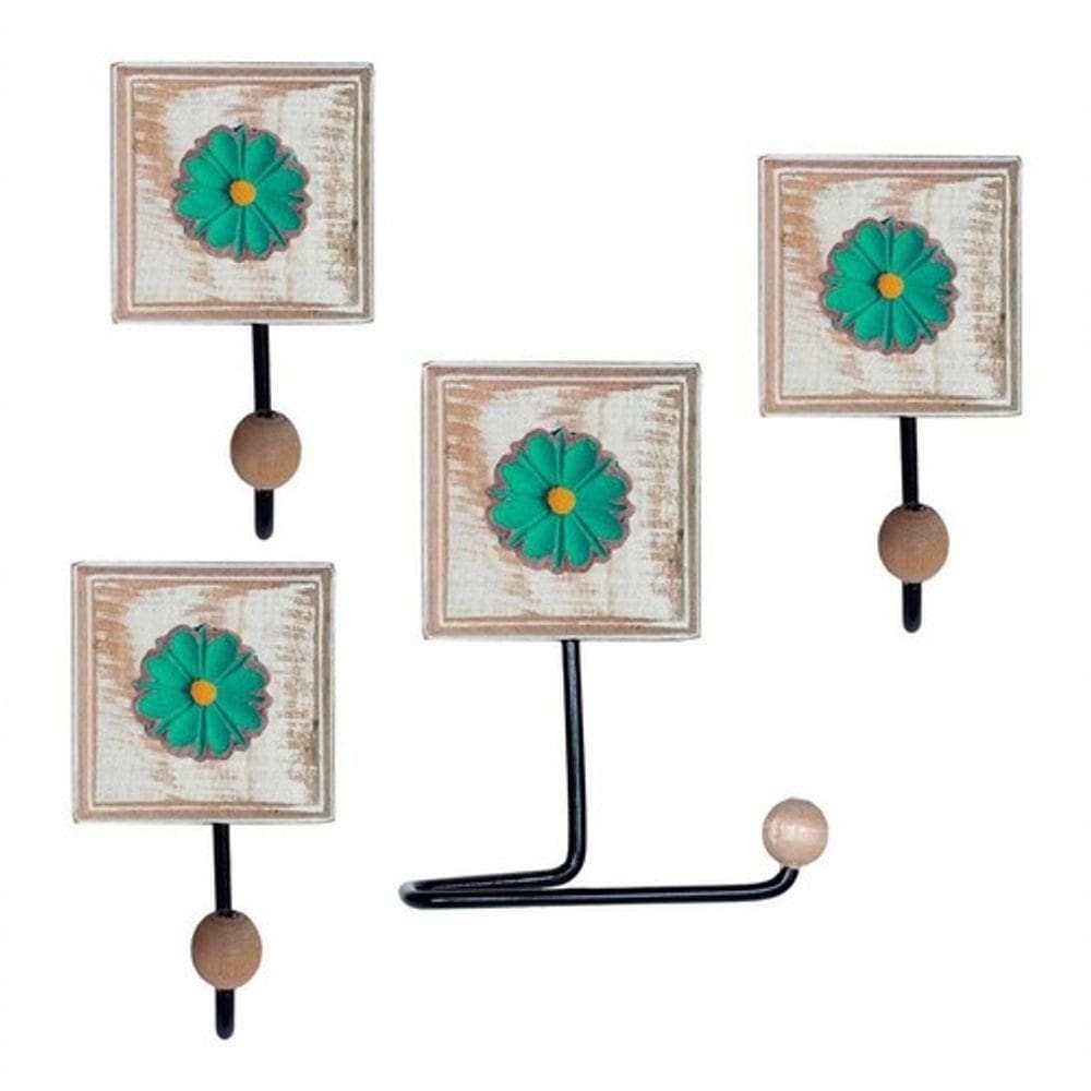 Kit Para Banheiro Com 3 Toalheiros E 1 Porta Papel Higiênico Rustico Flor Azul Cor Verde