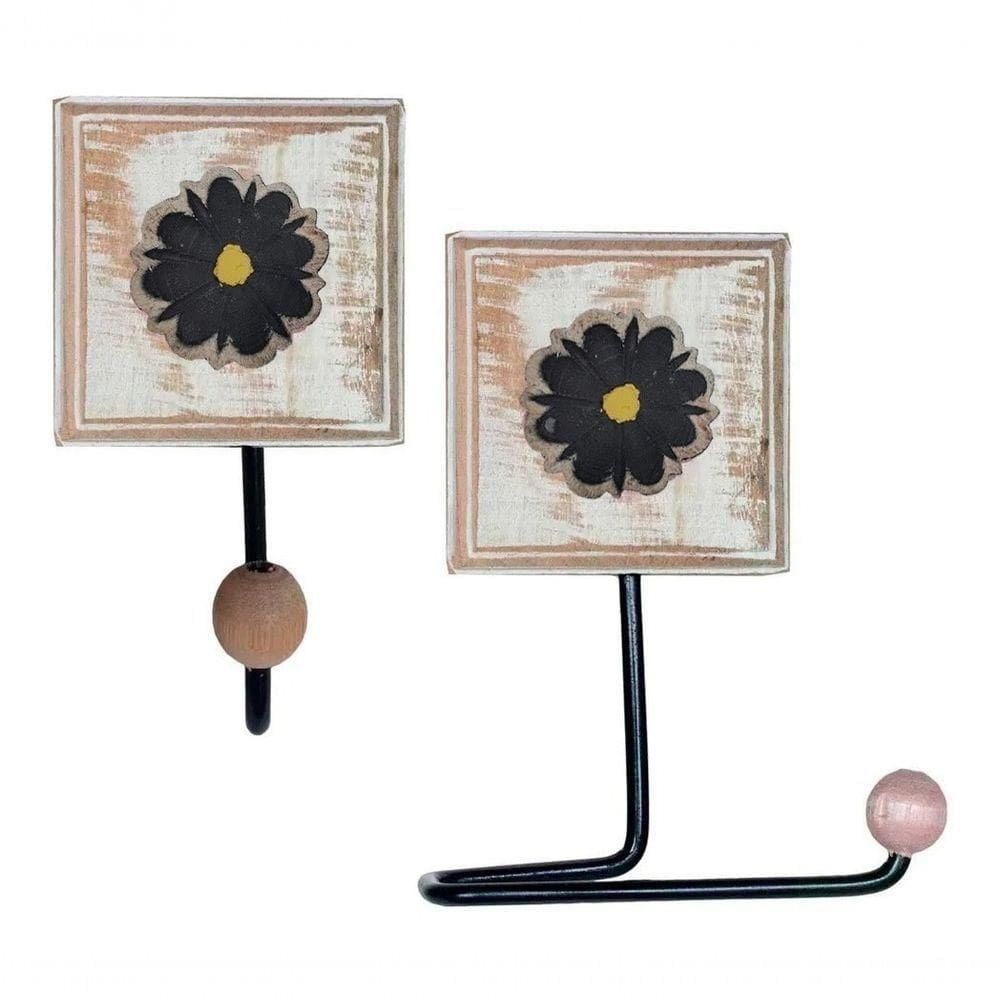 Kit Para Banheiro Com 2 Porta Papel Higiênico E 2 Toalheiros Rustico Flor Branca Cor Preto