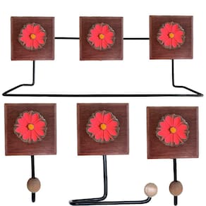 Kit Banheiro Com 2 Toalheiros + Porta Papel Higiênico + Toalheiro Rustico Artesanal Flores Coloridas 3d Cor Vermelho