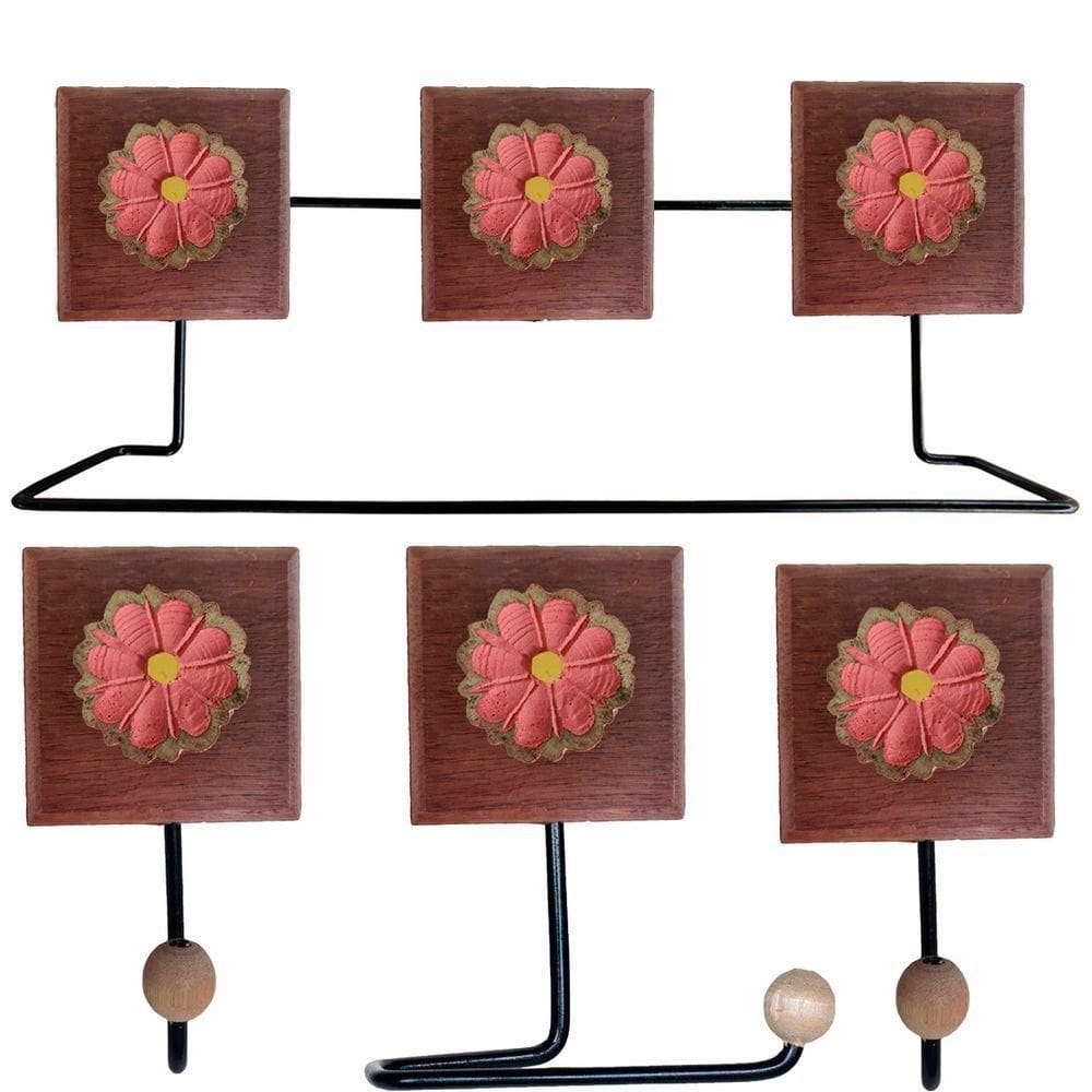 Kit Banheiro Com 2 Toalheiros + Porta Papel Higiênico + Toalheiro Rustico Artesanal Flores Coloridas 3d Cor Rosa