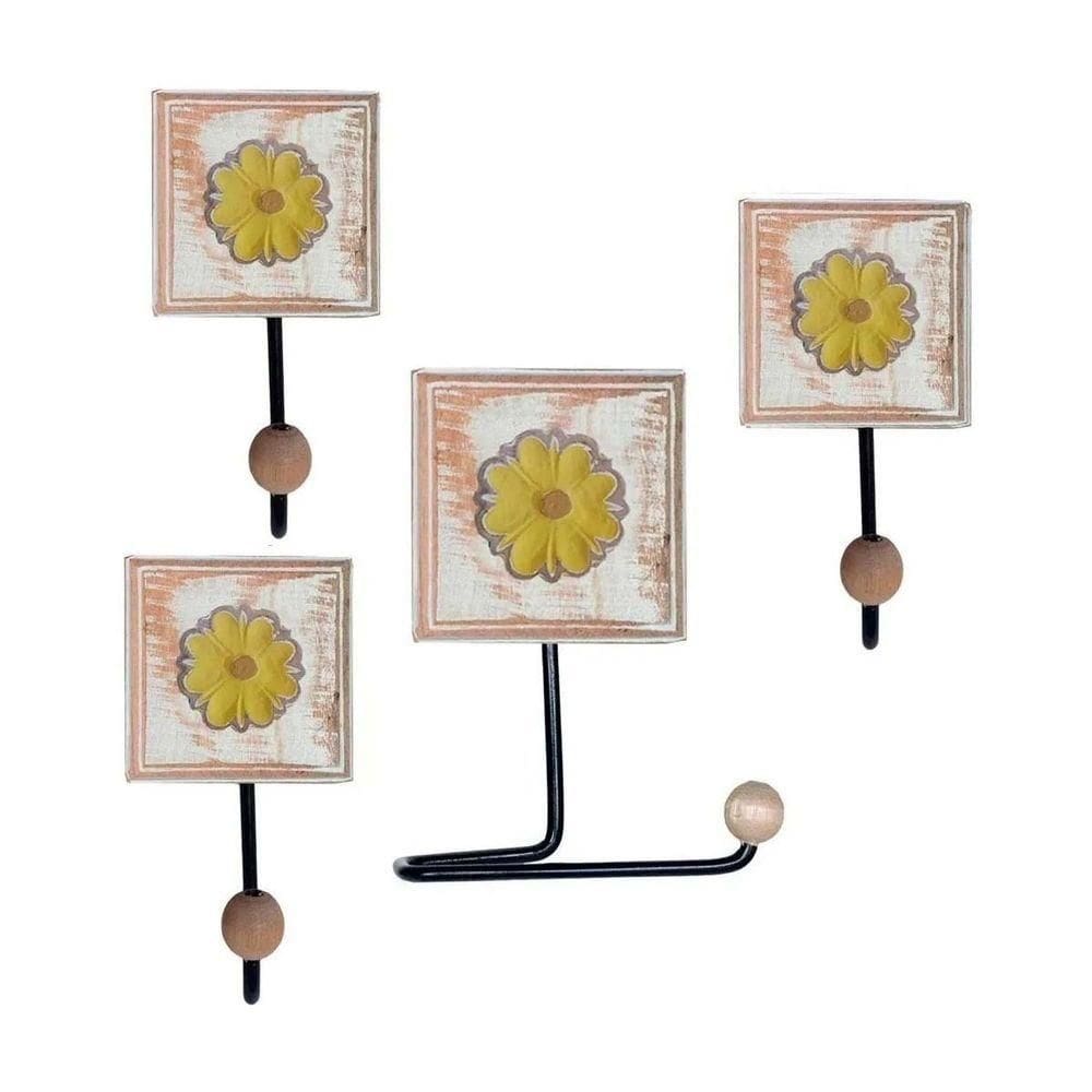 Kit Para Banheiro Com 3 Toalheiros E 1 Porta Papel Higiênico Rustico Flor Branca Cor Amarelo