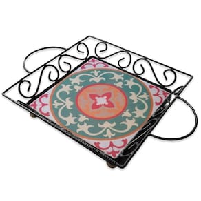 Fruteira De Mesa Bandeja Ferro E Azulejo Quadrada Premium Cozinha Azulejo G2