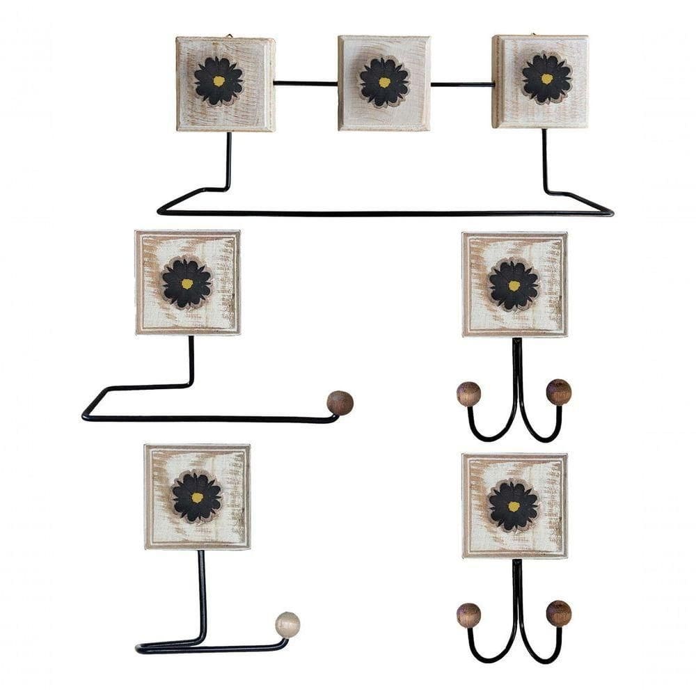 Kit Banheiro 5 Peças Artesanal Rústico Flor De Madeira 3d Anúncio Com Variação Cor Preto