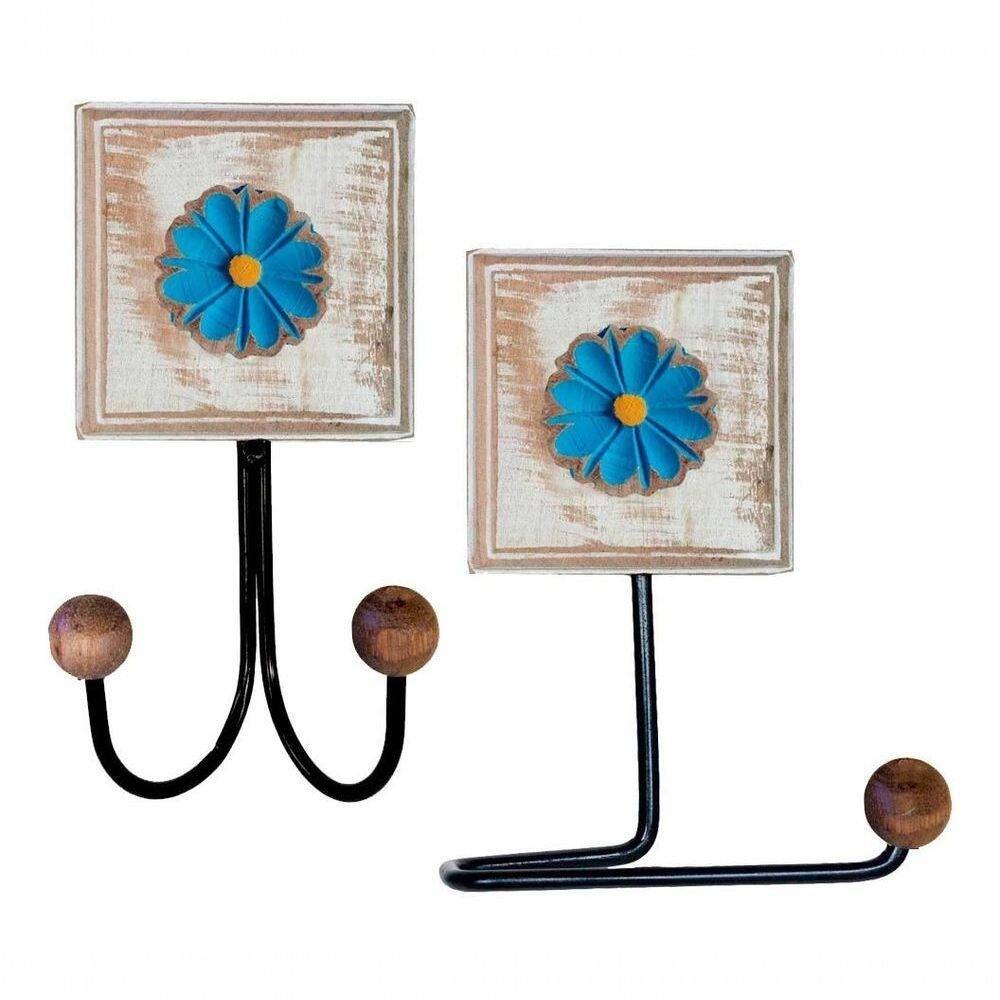 Kit Banheiro 2 Peças 1 Toalheiro Duplo + 1 Porta Papel Higiênico Artesanal Flor Madeira Cor Azul
