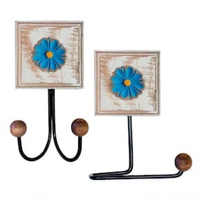 Kit Banheiro 2 Peças 1 Toalheiro Duplo + 1 Porta Papel Higiênico Artesanal Flor Madeira Cor Azul