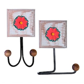 Kit Banheiro 2 Peças 1 Toalheiro Duplo + 1 Porta Papel Higiênico Artesanal Flor Madeira Cor Vermelho