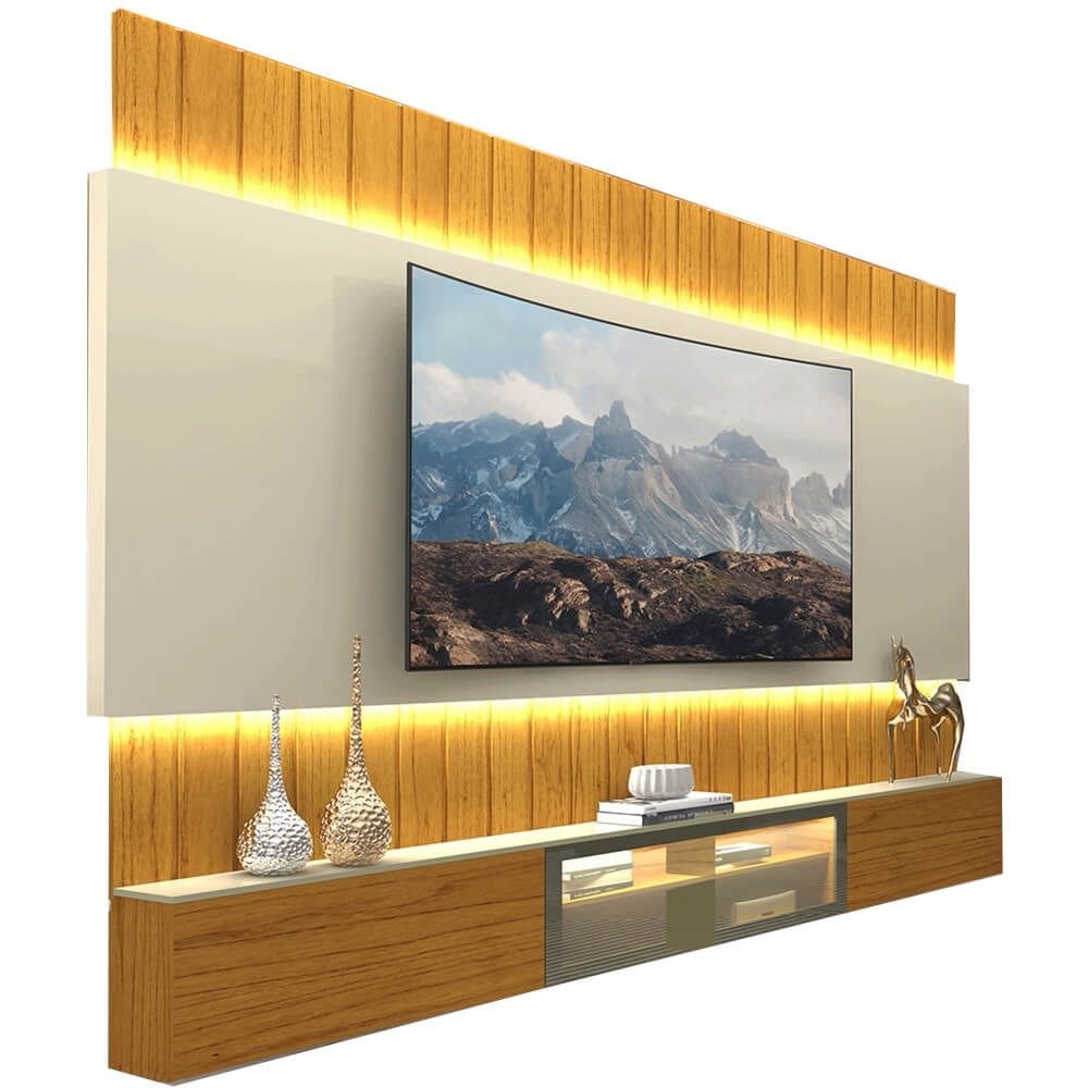 Painel Soberano para TV até 85 Polegadas Ripado com LED e Vidro Reflecta Gelius Cor Naturale Off White
