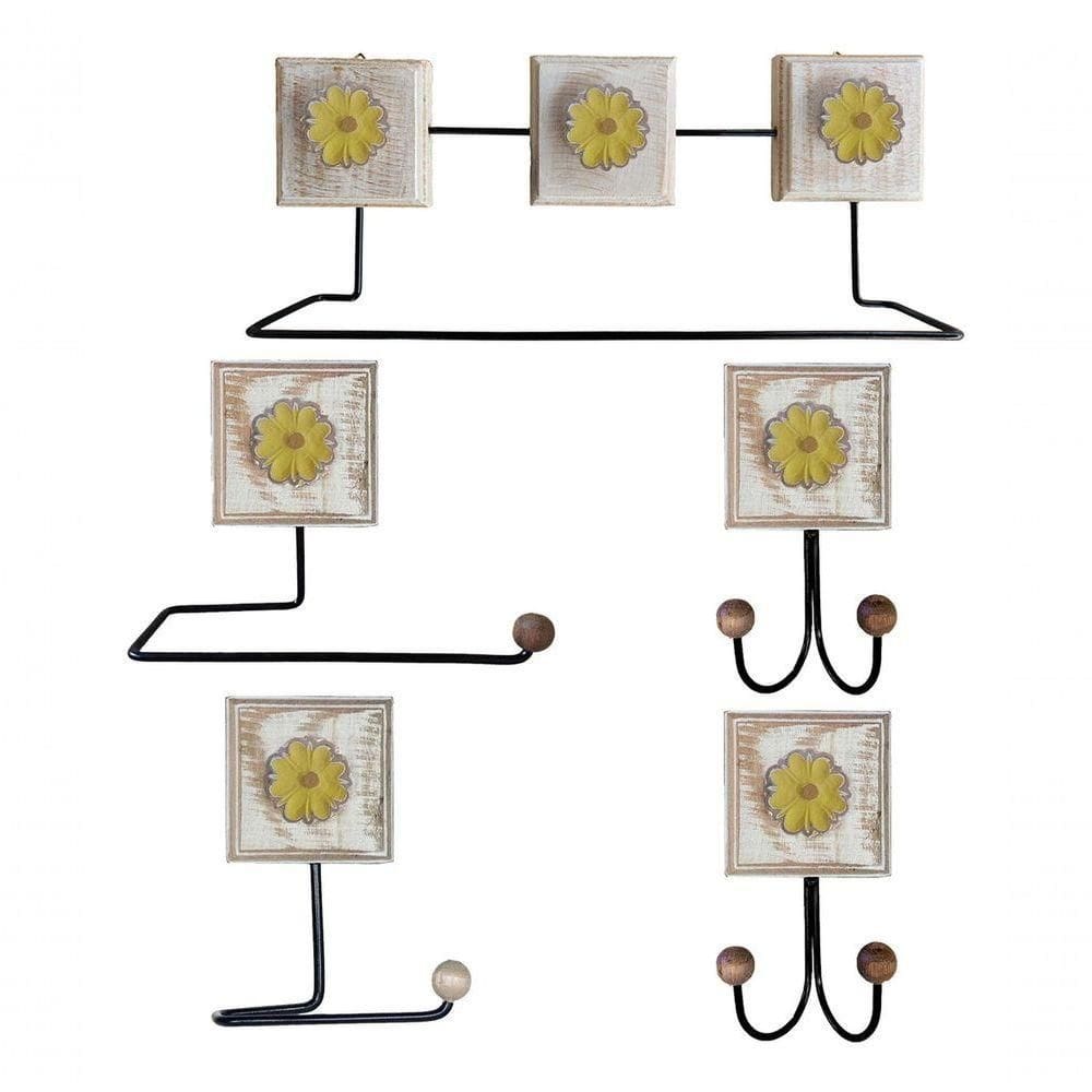 Kit Banheiro 5 Peças Artesanal Rústico Flor De Madeira 3d Anúncio Com Variação Cor Amarelo