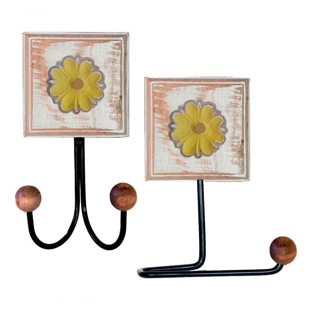 Kit Banheiro 2 Peças 1 Toalheiro Duplo + 1 Porta Papel Higiênico Artesanal Flor Madeira Cor Amarelo