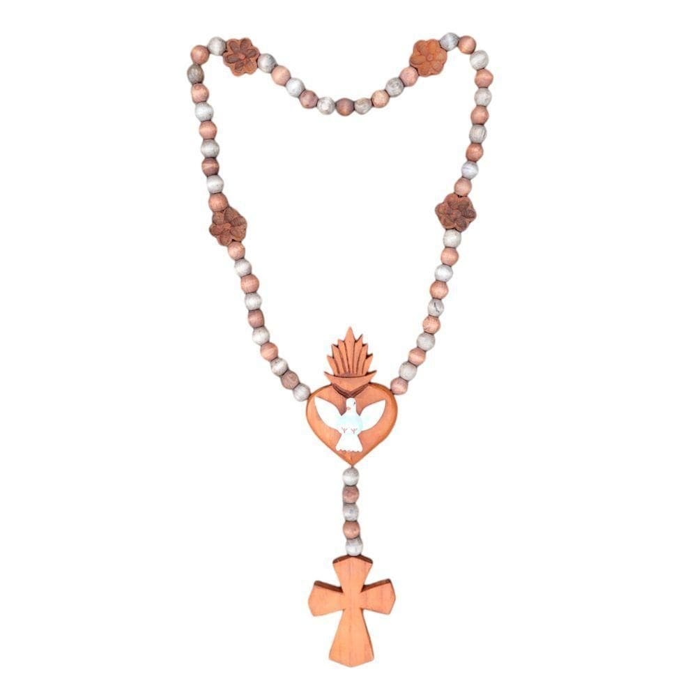 Terço Decorativo Grande Colar De Mesa De Madeira Com Divino Espirito Santo