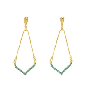 Brinco Corrente Veneziana Strass Azul Turqueza Folheado A Ouro 18K