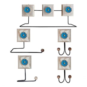 Kit Banheiro 5 Peças Artesanal Rústico Flor De Madeira 3d Anúncio Com Variação Cor Azul