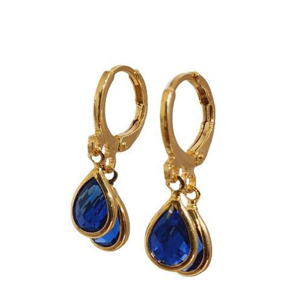 Brinco Argolinha Duas Gotas Azul Royal Folheado A Ouro 18 K