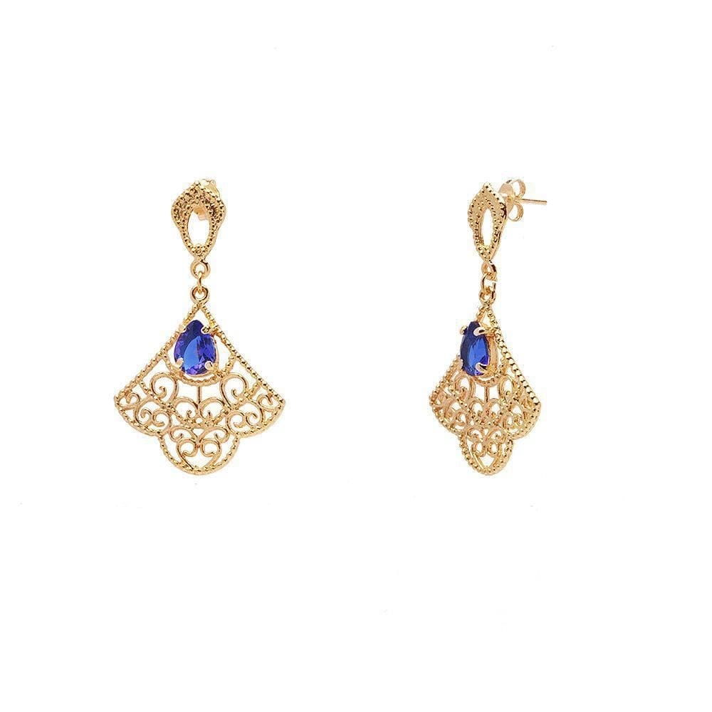 Brinco De Pedra Gota Azul Com Detalhes Folheado A Ouro 18K