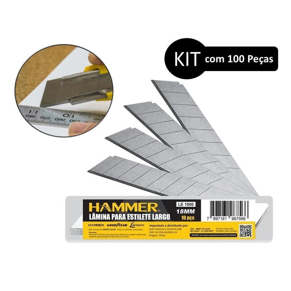 Jogo de lamina estilete larga 18mm com 100 peças - hammer